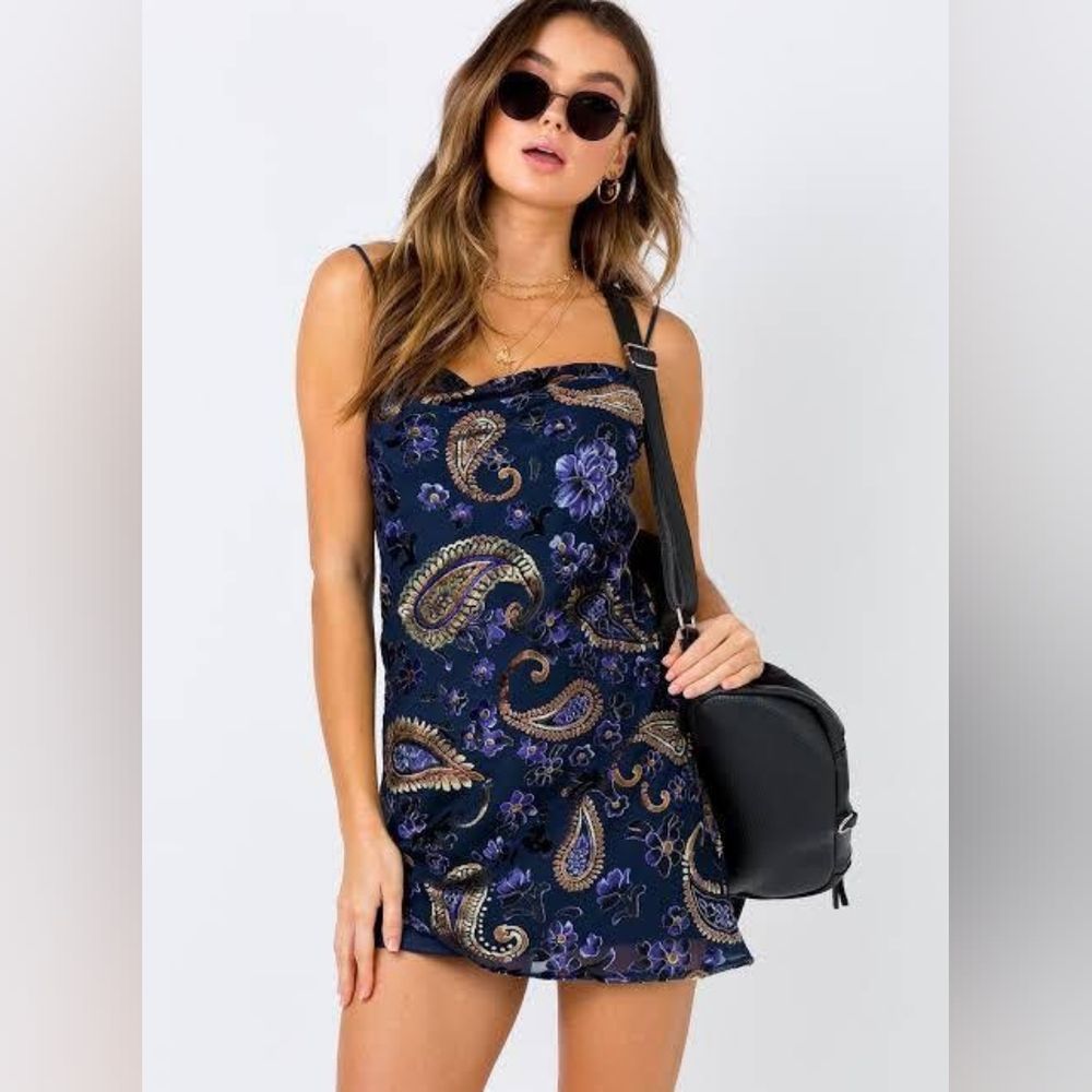 Princess Polly Navy and Gold Paisley Mini Dress